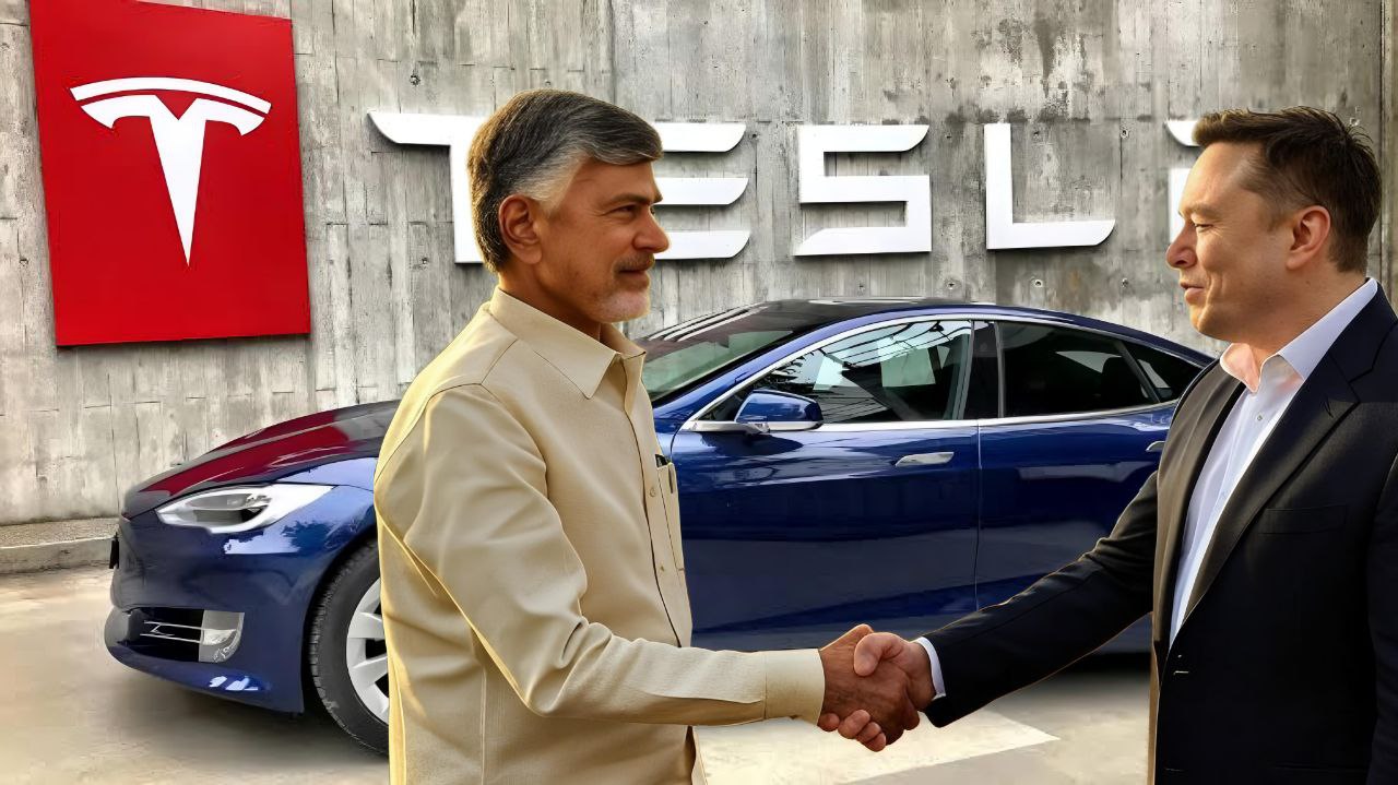 AI generated image of Chandrababu Naidu shaking hands with Elon Musk which represents that there may be a chance that, tesla will establish its manufacturing plant in the state of Andhra Pradesh