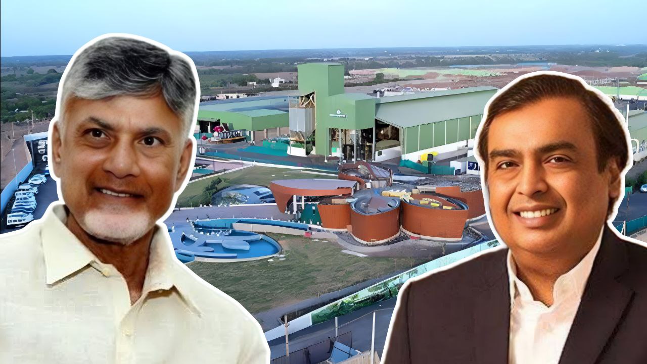 A futuristic view of Andhra Pradesh with Compressed Bio Gas (CBG) plants under construction, symbolizing the state’s rapid progress in green energy and economic growth under the 'Speed of Doing Business' initiative.